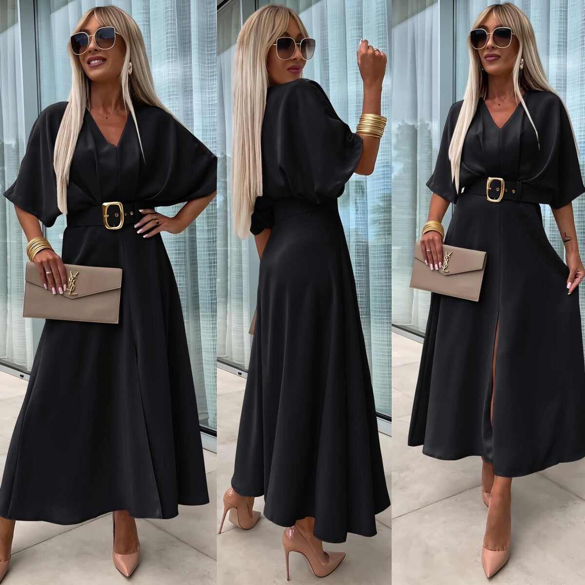 Robe évasée à ceinture avec fente manches courtes