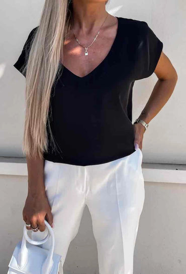 Top T-shirt en col V, manche courte