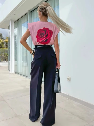 TSHIRT Coton à épaulettes à Imprimé Rose au Dos