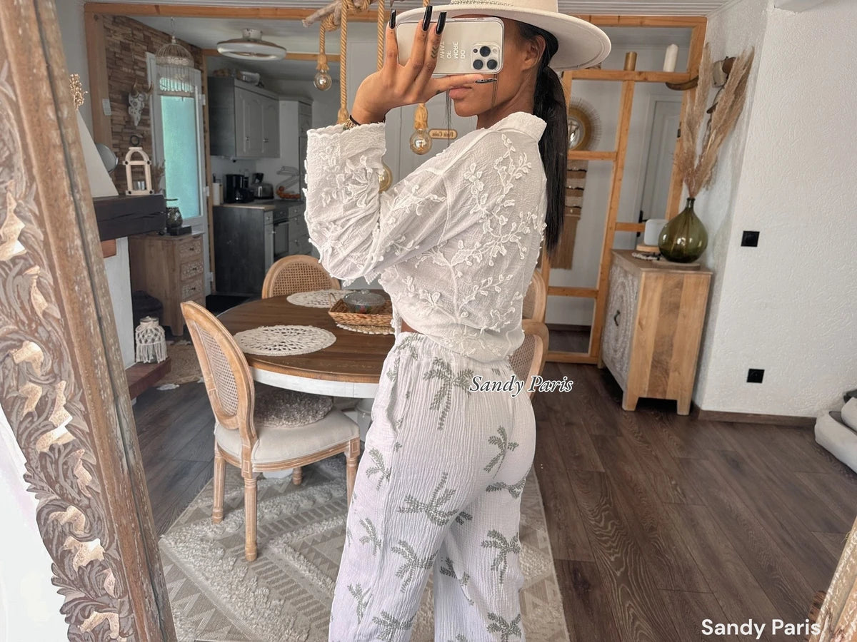 Pantalon Large en Coton Gaze - Imprimé Palmiers
