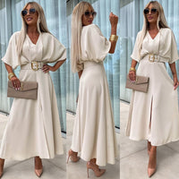 Robe évasée à ceinture avec fente manches courtes