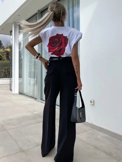 TSHIRT Coton à épaulettes à Imprimé Rose au Dos