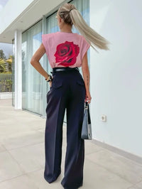 TSHIRT Coton à épaulettes à Imprimé Rose au Dos