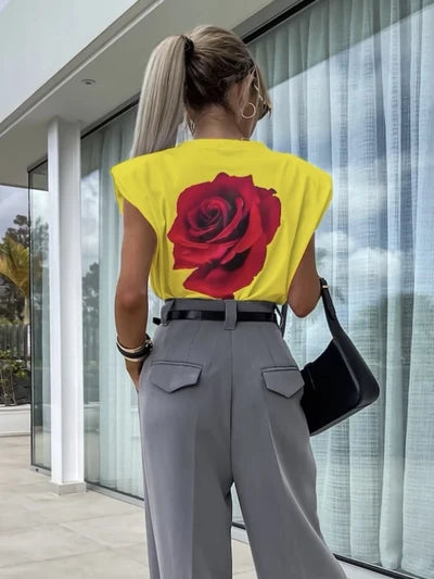 TSHIRT Coton à épaulettes à Imprimé Rose au Dos